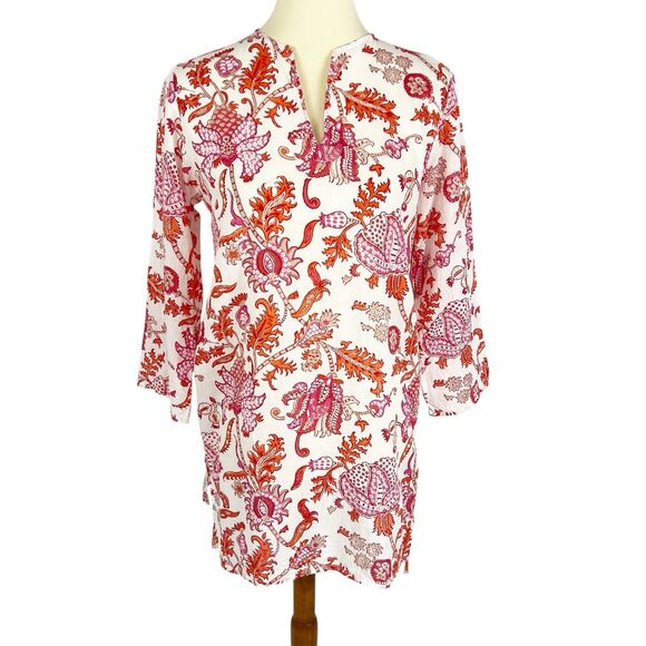 Roller Rabbit Amanda Kurta Paisley Orange V-Neck 3/4 Sleeve Tunic Small - Picture 1 of 10